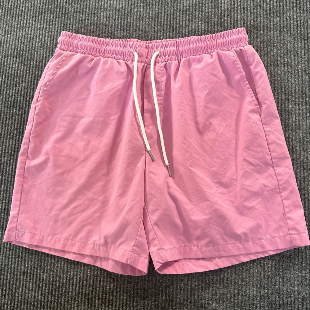 Manfinity Mens Swim Trunks Size L Pink Solid Elastic Drawstring Pockets Shorts